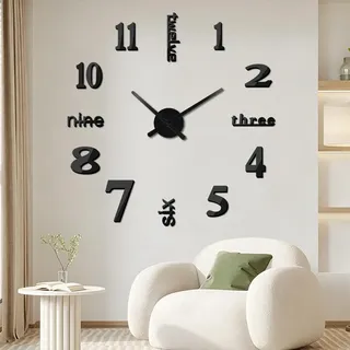 Aolso 3D XXL Wandaufkleber Uhren, DIY Rahmenlose Große Moderne Wanduhr | Acryl Wanduhren zum Kleben Geeignet für Wohnzimmer Küche Schlafzimmer (60-120cm)-Schwarz