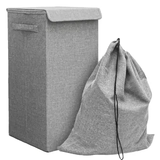 DuneDesign 50L Wäschekorb mit Deckel und Wäschesack - 30x30x60 Wäschesammler Grau - Faltbar