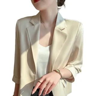 LCDIUDIU Anzug Damen,Rosa Seidiger Satin-Blazer Für Damen, Lässiger Cardigan Mit Offener Vorderseite, Gerollte 3/4-Arm-Ärmel, Sommer-Dünne Arbeitsjacken, Büro- Und Business-Blazeranzug Mit Knöpfen