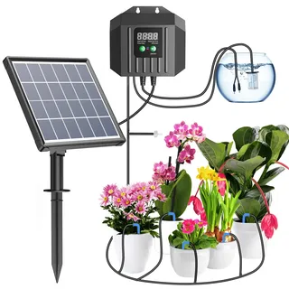 Biling 2,5W Solar Bewässerungssystem mit 2200mAh Akku Tag & Nacht Urlaub | 168 Modi, 15m Schlauch, Automatische Bewässerung für 15-20 Töpfe Garten Balkon Hochbeet Gewächshaus und Topfpflanzen Urlaub