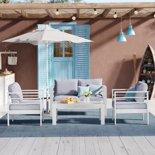 MeXo Gartenmöbelset, Loungeset Aluminium für 3-4 Personen mit Kissen und Couchtisch Indoor Outdoor Balkon weiß (Sitzgruppe, Aluminiumrahmen) - Weiß