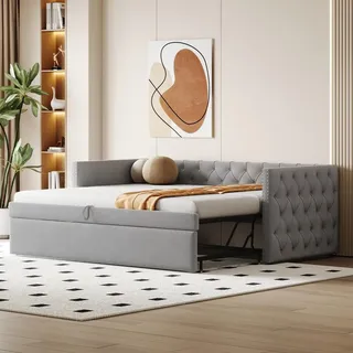 Multifunktionales Polsterbett Schlafsofa 90x200 cm ausziehbar, Samt-Bezug Hellgrau, inkl. Lattenrost & Gästebett-Funktion, bis 300kg belastbar, pl... - Grau
