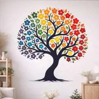 Decords Wandtattoo – bunter Lebensbaum mit Blumen, 240 cm