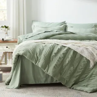 Freyamy Seersucker Bettwäsche 135x200cm 2teilig Grün Salbeigrün Geprägt Streifen Strukturiert Bettwaren-Sets Uni Gebürstet Microfaser Weiche Bettbezug mit Reißverschluss und 1 Kissenbezug 80x80cm