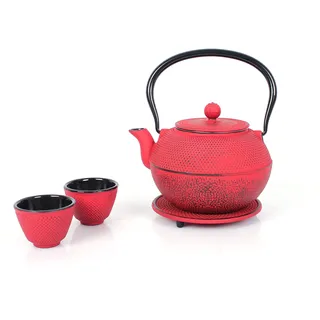 Echtwerk Teeservice aus Gusseisen, Teekanne 1,1 L mit abnehmbarem Sieb, Teebereiter mit Untersetzer, Teekannen-Set im Vintage-Design für Zubereitung von losem Tee, Rot