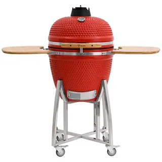 BBQ-Toro Kamado Grill Holzkohlegrill "KURO" Ø 52 cm | Rot | Holzkohlegrill mit Bambusablage, Thermometer, Holzgriffen, Rollen | Keramikgrill rund, Ceramic Grill Ei, Grillofen, Kamado mit Ablage