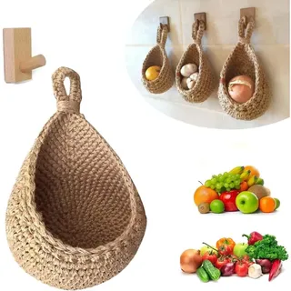 Wandmontierter Obst- Und Gemüsekorb, Handgewebter, Tropfenförmiger Obst- Oder Gemüsekorb Aus Jute, Hängender Küchenaufbewahrungskorb (höhe 14 Cm, Breite 13 Cm)