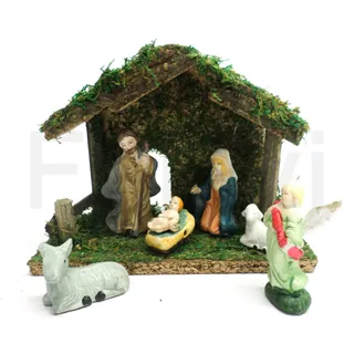 Weihnachtskrippe mit 6 Keramik Figuren - Krippenstall Krippe Krippenset (ZR7)