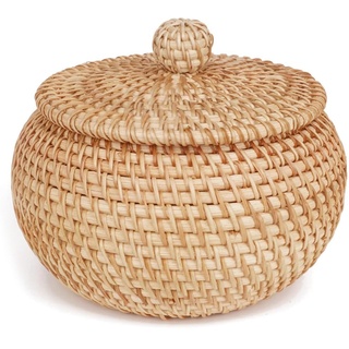ISTOVO Runder Rattankorb mit Deckel, Rattan-Aufbewahrungskorb mit Deckel, für Tischregal