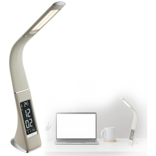 LED Schreibtischleuchte mit Touchdimmer Digitale mit Uhr Wecker Leselampe Leseleuchte Beige (Schreibtischlampe, Nachttischleuchte, Nachttischlampe, Lichtfarbe einstellbar, Temperatur-Anzeige)