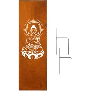 D&L Lasertec Edelrost Garten Sichtschutzwand Metall Buddha 160 x 50cm Gartendeko Gartenzaun inl. Bodenanker (Größe 150 x 60cm)