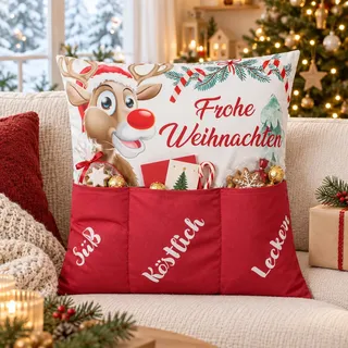 KAMACA Weihnachtskissen mit Kissenfüllung 43x43 cm festliches Dekokissen mit 3 Taschen zum Befüllen originelles Kinder Familie und Freunde Weihnachten Nikolaus (Rentier Rudi)