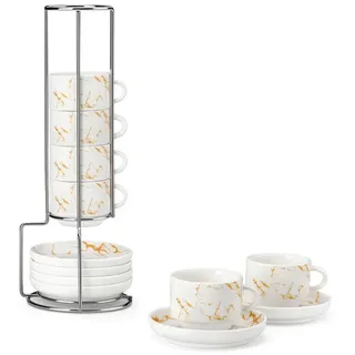 MALACASA Kaffeeservice Porzellan Espressotasse, Metallständer, Weiß/Schwarz/Marmor (6-tlg), 6 Personen, Porzellan weiß 90 ml