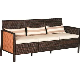 Rattan Sofa Mit Kissen, Dreisitzer, Garten Loungesofa, Stahl, Braun, 173 X 68 X 78 Cm