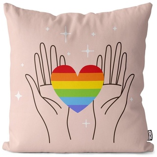 Kissenbezug, VOID (1 Stück), Happy Heart Pride LGBTQ Hände Partner gestreift Gay pride flag parade bunt 50 cm x 50 cm