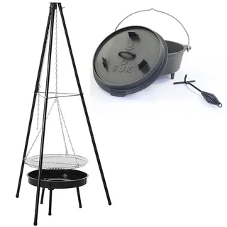 SOUK ONE Grill Dreibein Schwenkgrill inkl. Gusstopf Dutch Oven, Grillgestell mit Kette, 150 cm hoch, inkl. 46cm Grillrost, inkl. 50 cm Feuerschale, Holzkohlegrill (Schwenkgrill inkl. 9L Gusstopf)