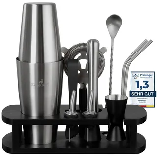 BARMINGO Cocktail-Set Edelstahl Boston Cocktail Shaker Set (825 ml) mit Bar Zubehör, (Cocktailshaker Set, 11-tlg., Für Profis und Anfänger), Cocktail Zubehör mit hochwertigem Bambusständer schwarz|silberfarben