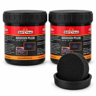 Grillfürst Einbrenn- und Pflegepaste inkl. Schwamm, 2 x 250 ml - Pflege für Gusseisen, Gussrost, Dutch Oven und Feuertopf, aus Kokosnussöl und Wachs