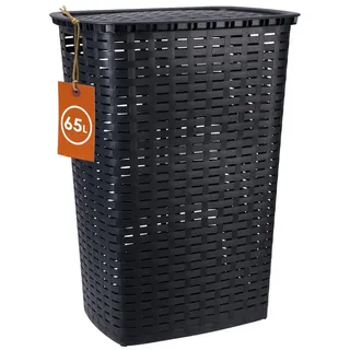 Spetebo Kunststoff Wäschekorb in Rattan Optik 65 Liter - anthrazit - Wäschebox mit Deckel und Tragegriffen - Wäschetruhe Wäschesammler Wäschetonne mit Griff feuchtraumbeständig
