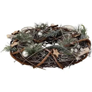 Weihnachtlicher Adventskranz aus Mehreren Materialien rund mit Silber/grün/brauner Dekoration für Teelichter ⌀ 34 cm