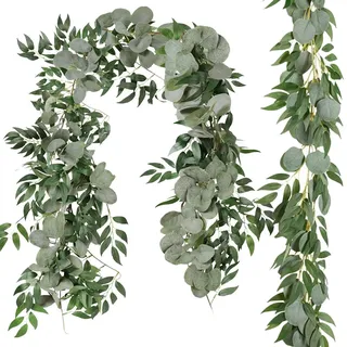 Cekene 2 Stück Eukalyptus Girlande Künstlich mit Weidenblättern 198cm | Grüne Eukalyptus Deko Pflanzen Künstlich Blätter Girlande Hängepflanzen Wie Echt für Hochzeit Tischdeko Tür Innen Outdoor