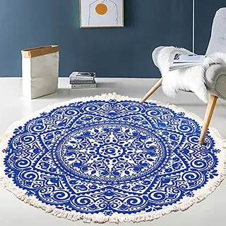 Morbuy Runde Teppiche Baumwolle mit Quasten,handgewebte schicke böhmische Mandala Bedruckte Muster-Baumwollteppich waschmaschinenfest,Ideal für Wohnzimmer,Schlafzimmer usw. (60cm,Blaues Mandala)