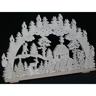 Rudolphs Schatzkiste Schwibbogen mit Waldmotiv mit Jäger Haus Schneemann und Beleuchtung BxHxT 70x44x7cm NEU Lichterbogen Fensterbogen Spitzbogen Erzgebirge Seiffen Weihnachten Licht Holz Dekoration