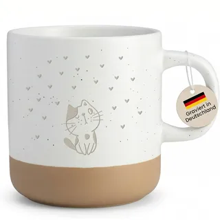 Niedliche Katzen Tasse mit Gravur Persönliches Geschenk für Katzenliebhaber, Frauen Kinder zum Geburtstag, Weihnachten Kaffeetasse Steingut - Henkel rechts