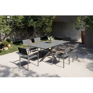 OUTFLEXX Garten-Essgruppe, silber/schwarz, Edelstahl/Granit/Textil, 200x100 cm, 6 Stühle, padded, Armlehnen aus Teak