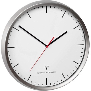 TFA Dostmann Analoge Funk-Wanduhr, 60.3521.02, Rahmen aus Edelstahl, leises Uhrwerk, höchste Genauigkeit, silber, L 305 x B 48 x H 305 mm