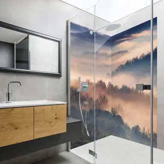 Duschrückwand Wald selbstklebend - 0.35 mm Wandpaneel wasserfest Sonnenuntergang beige Motiv Badrückwand fugenlos  Smart matt 110x210 cm - Beige