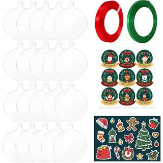 20 Stück Acrylscheibe Rund Mit Loch, 7,5 cm Weihnachtskugeln Zum Bemalen Und Befüllen, Durchsichtige Kugeln,Weihnachtskugeln Weiß Mit 2 Aufklebern Und 2 Bändern,Für Weihnachten Dekoration Basteln