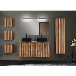 Lomadox Badmöbel Komplett Set 3 Hängeschränke Hochschrank Doppelwaschtisch 121 cm Keramik Aufsatzbecken Spiegel Aufbauleuchten Rillen Fronten in anthrazit mit Eiche Nb.