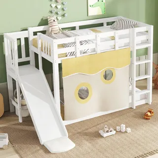 Merax Hochbett 90x200cm, Etagenbett für Kinder mit Treppe, Zäune, Rutsche und Ablagefach, Kinderbett mit Rausfallschutz und 2 Lattenrost, Spielbett mit Bettvorhang und Regal, Rahmen aus Kiefer, Weiß