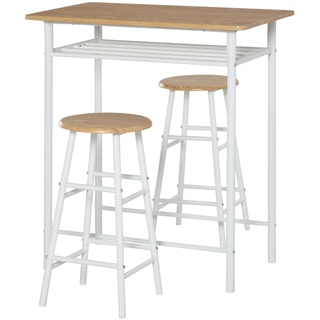 HOMCOM Bartisch-Set 3-teiliges Bar-Set bestehend aus einem Tisch und 2 passenden Hockern Weiß, Eiche 80 x 50 x 90 cm (BxTxH)   Bartisch-Stuhlset Stehtisch Barhocker Barmöbel-Set