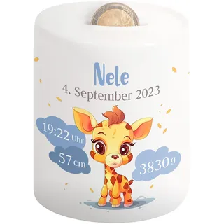 Kinder-Spardose mit Namen & Geburtsdaten personalisiert - Wolken-Motiv - Geldgeschenk für Neugeborenen & Baby - Sparschwein für Mädchen & Jungen - Geschenk zur Geburt, Taufe, Geburtstag (Giraffe)