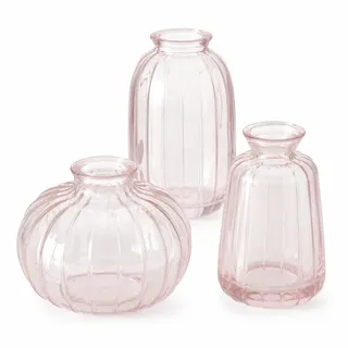 Home Vasenset Anika Rosa, 3-teiliges Dekovasen Set aus lackiertem Glas, Glasvasen mit Rillenstruktur, je 12 x 7 x 7 cm, für Blumen, Zweige, Tisch, Regal, Fensterbank & Geschenkidee