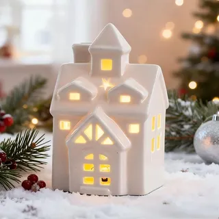 Weihnachtsdorf mit Beleuchtung, Weihnachtsdeko Häuser, LED Keramik Lichthäuser Weihnachten Deko Innen, Beleuchtete Weihnachtshäuser, Weihnachtsdorf Häuser Porzellan Lichthaus für Winterdeko (A)
