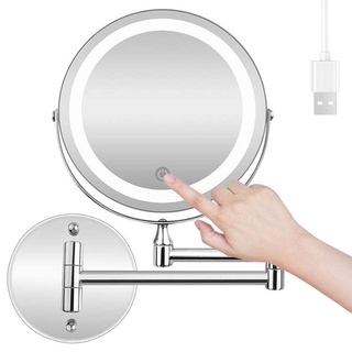 MRJ Kosmetikspiegel mit LED Beleuchtung und 1-/ 10-facher Vergrößerung Touchscreen Batterie/USB aus Kristallglas, Edelstahl und Messing für Badezimmer, Kosmetikstudio, Spa und Hotel