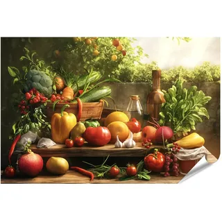 islandburner XXL Bild Poster Üppiges Gartenfrühstück mit frischem Gemüse und Obst für Küche Naturliebhaber Bioladen Premium Bilder Fotodruck