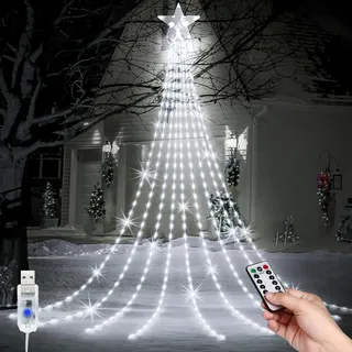 LED Weihnachtsbeleuchtung Außen, LED USB Weihnachtsbaum Lichterkette, 9*2M 8 Modi 198 LEDs Außen Wasserdicht Christbaumbeleuchtung mit Sterne Fernbedienung für Party, Fest, Weihnachtsbaumdekoration