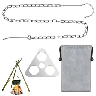 Heveer Camping Stativ Grillbrett Tragbares Dreibein Ring mit Verstellbarer Kette zum Aufhängen Edelstahl Camping Lagerfeuer Kochen Zubehör für Outdoor