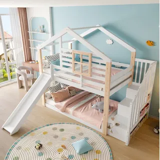 Etagenbett Holz Weiß 90x200 Cm Mit Rutsche, Treppe Mit Stauraum Und Haus-design