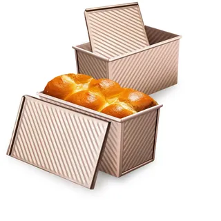 Brotbackform mit Deckel 2er Set, 450g Toastbrotform Kastenform Antihaft | Brotbackform mit Schiebedeckel, Kohlenstoffstahl Brotform, 21.2x12x11cm, Toastbrot Backform für Brot, Kuchen, Golden