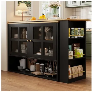 BBWL Sideboard 360° drehbare Essbar aus MDF mit Glasfronten, 5 Ablagen & Sideboard (Snackregal, verstellbare Trennwände, modernes Möbelstück für Wohnzimmer, Esszimmer & Schlafzimmer) schwarz