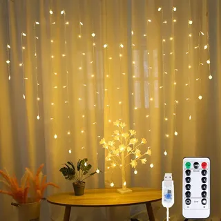 DINOWIN LED Lichtervorhang Herzförmig, 34 Herz 128LED 8 Modi Sterne Lichterketten USB Lichterkettenvorhang für Weihnachten, Innen Außen Garten Party Hochzeit, Partydekoration (Warmweiß)
