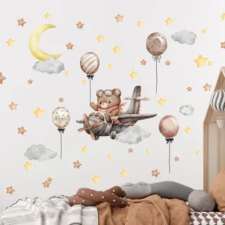 Tanlaby Cartoon Flugzeug Wandtattoo Wandaufkleber Mond Ballon Sterne