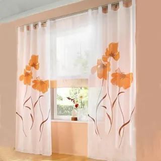 SIMPVALE 2 stücks Gardinenschal Gardine Print Blumen Vorhang für Wohnzimmer Schlafzimmer Schlaufenschal, 150x260cm, Orange