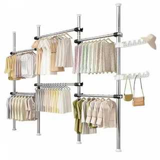 Begehbarer Kleiderschrank System Teleskop Kleiderständer Kleiderstange Regals Teleskop Garderobe System mit 2 Haken und 6 Kleiderstangen Offen Teleskopstange Garderobensystem - Edelstahlfarbe