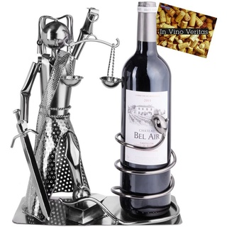 BRUBAKER Weinflaschenhalter Justitia mit Schlange, (inklusive Grußkarte), Metall Skulptur, Wein Geschenk, Flaschenhalter, Weinhalter silberfarben
